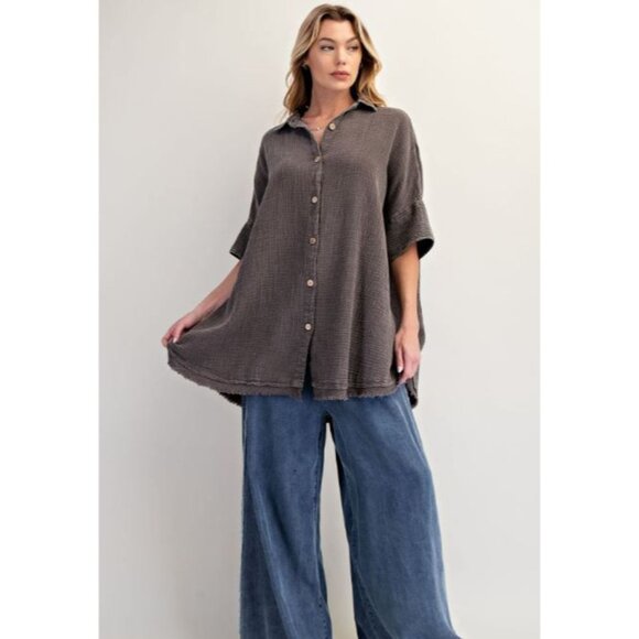#0837 Easel NWT Ash Washed Cotton Gauze Button Up Oversized Shirt Sz Small-Large - Picture 3 of 4